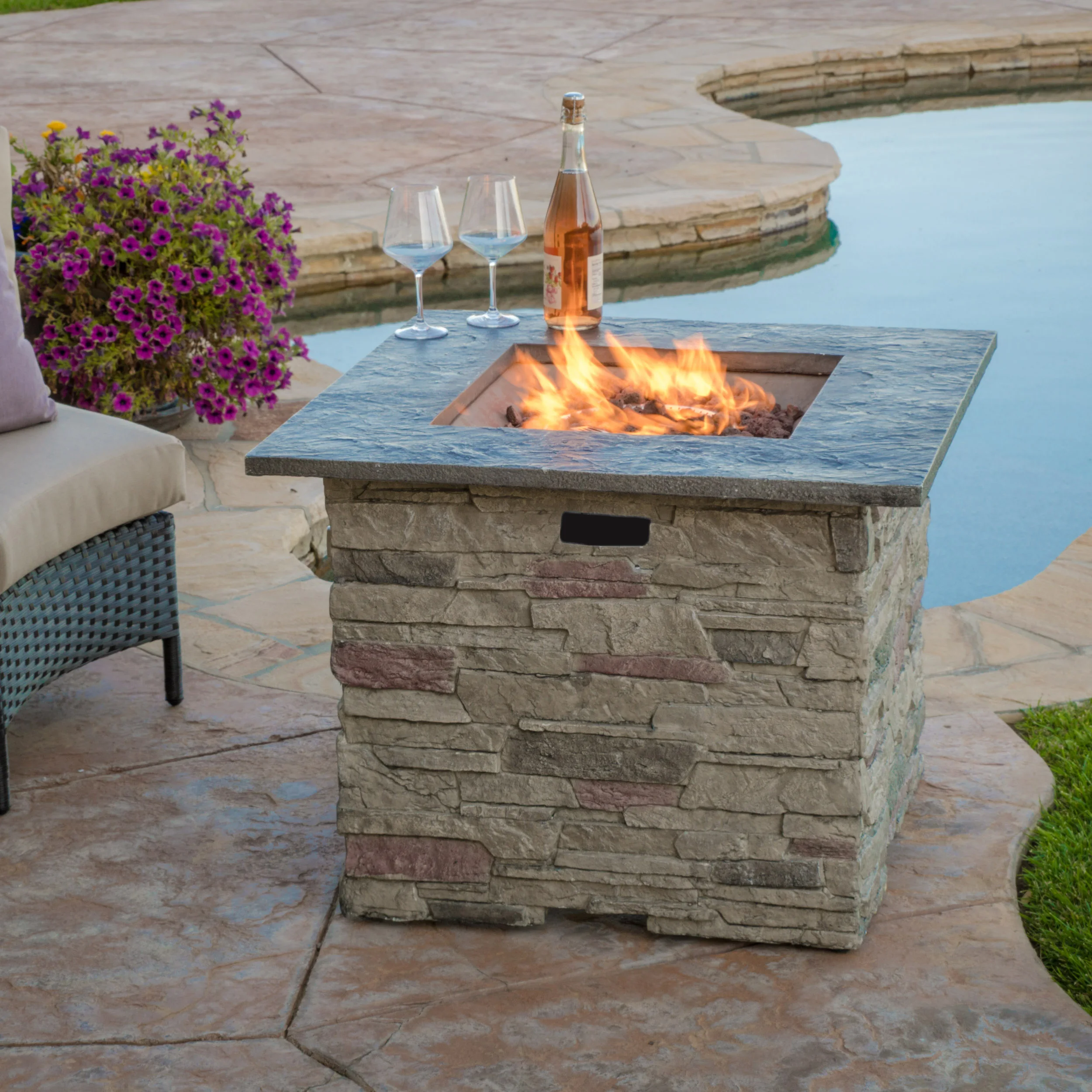 32'' STONE SQUARE FIRE PIT W/ GREY TOP- 40,000 for Outside Patio Deck Garden Backyard-Black