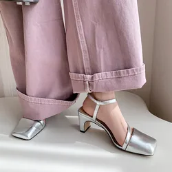 Silver Leather Women Slingback Sandals Square Toe Apricot Formal Dress Pumps Black Office Lady High Heels Working Stilettos