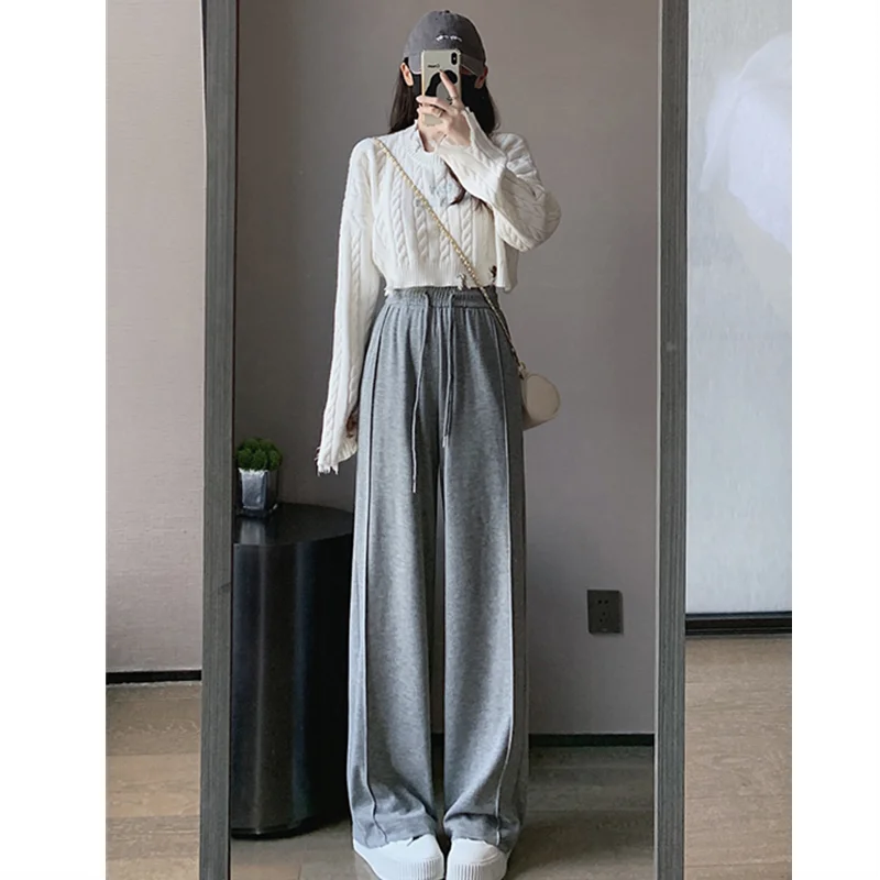 

Winter Women Fleece Wide Leg Thicken Long Pants Soft Loose Straight Sports Trousers Snow Warm Furry Floor-Length Casual Pants