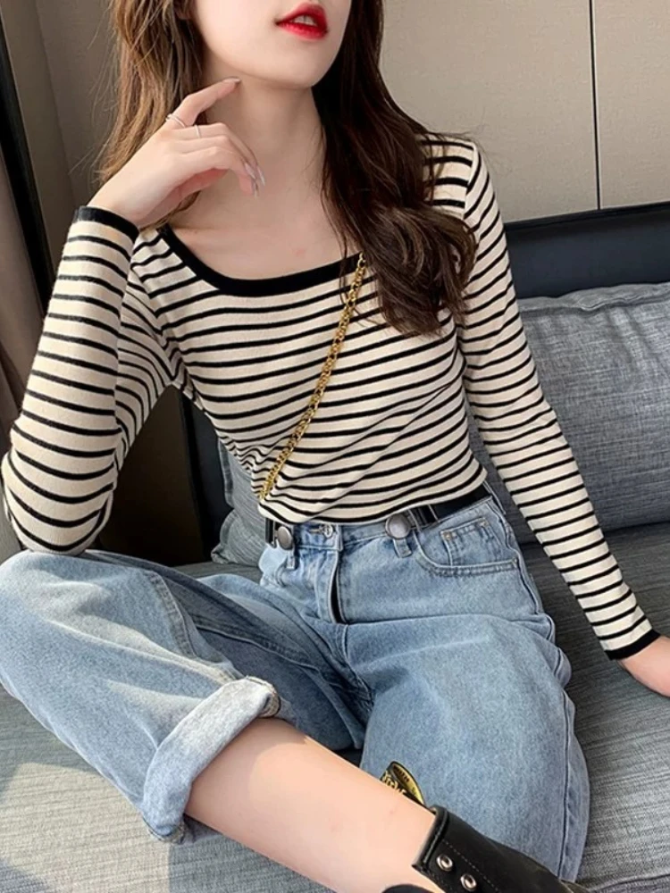 Elegant Layering Base Top 2026 Autumn Winter New Striped Long Sleeve Women T-shirt Stylish Square Neck Versatile Tee