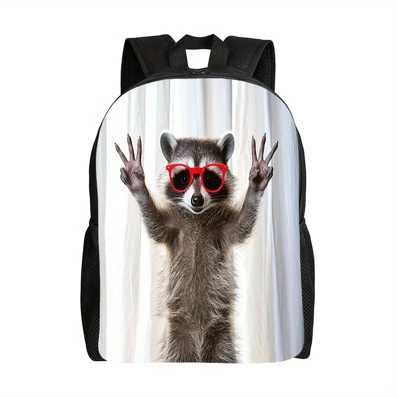 1pc Funny Raccoon Backpack with Fashion Glasses Large Capacity School Backpack, Heavy-Duty Zipper Closure