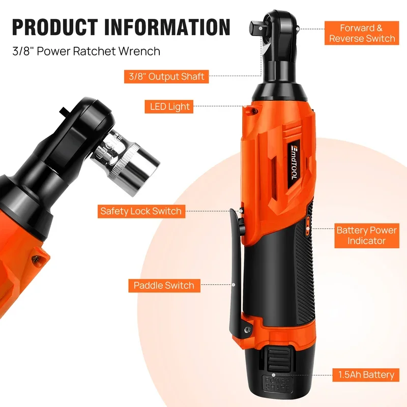 New 3/8 Inch Cordless Electric Wrench 90° Right Angle Ratchet Wrenches 12V Rechargeable Car Repair Tool with 2 Battery 7 Sockets