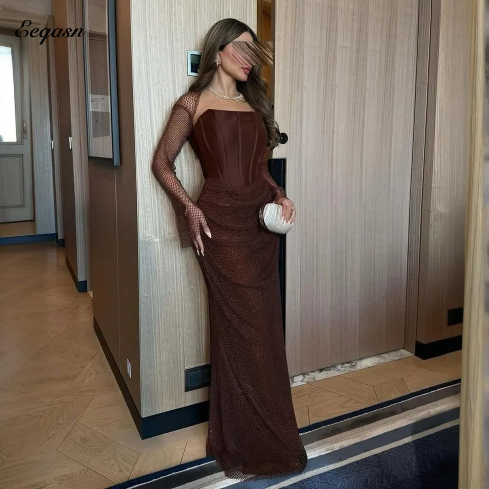 

Коричневое вечернее платье Eeqasn в стиле русалки, женское роскошное свадебное платье с рюшами, пиджак с длинными рукавами, вечерние платья на заказ