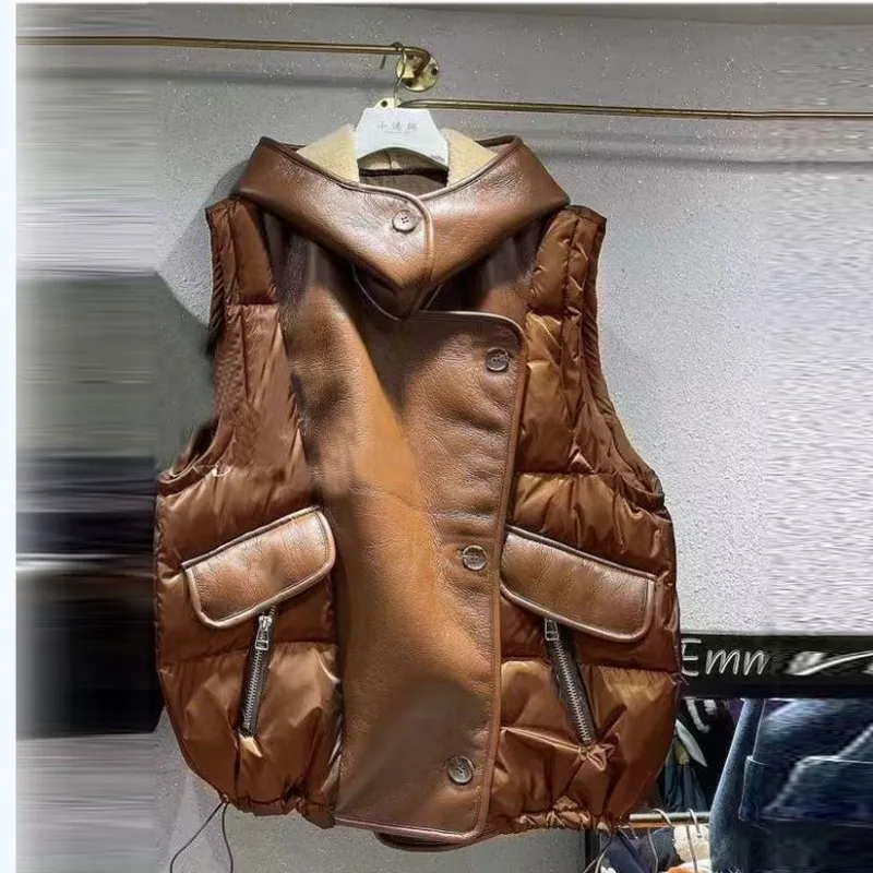 

WOMEN Winter PU Leather Fur Vest Casual Hooded Warm Jacket Lambswool Waistcoat Jackets Sleeveless Zipper Solid Color