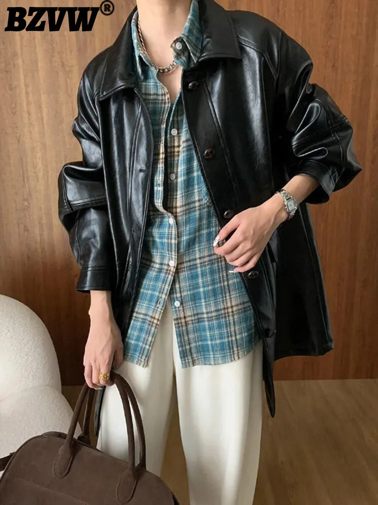 

BZVW Elegant Mid Length Leather Jacket Women's Lapel Single Breasted Pockets Design Solid Color Coat 2024 Autumn New 25A8508