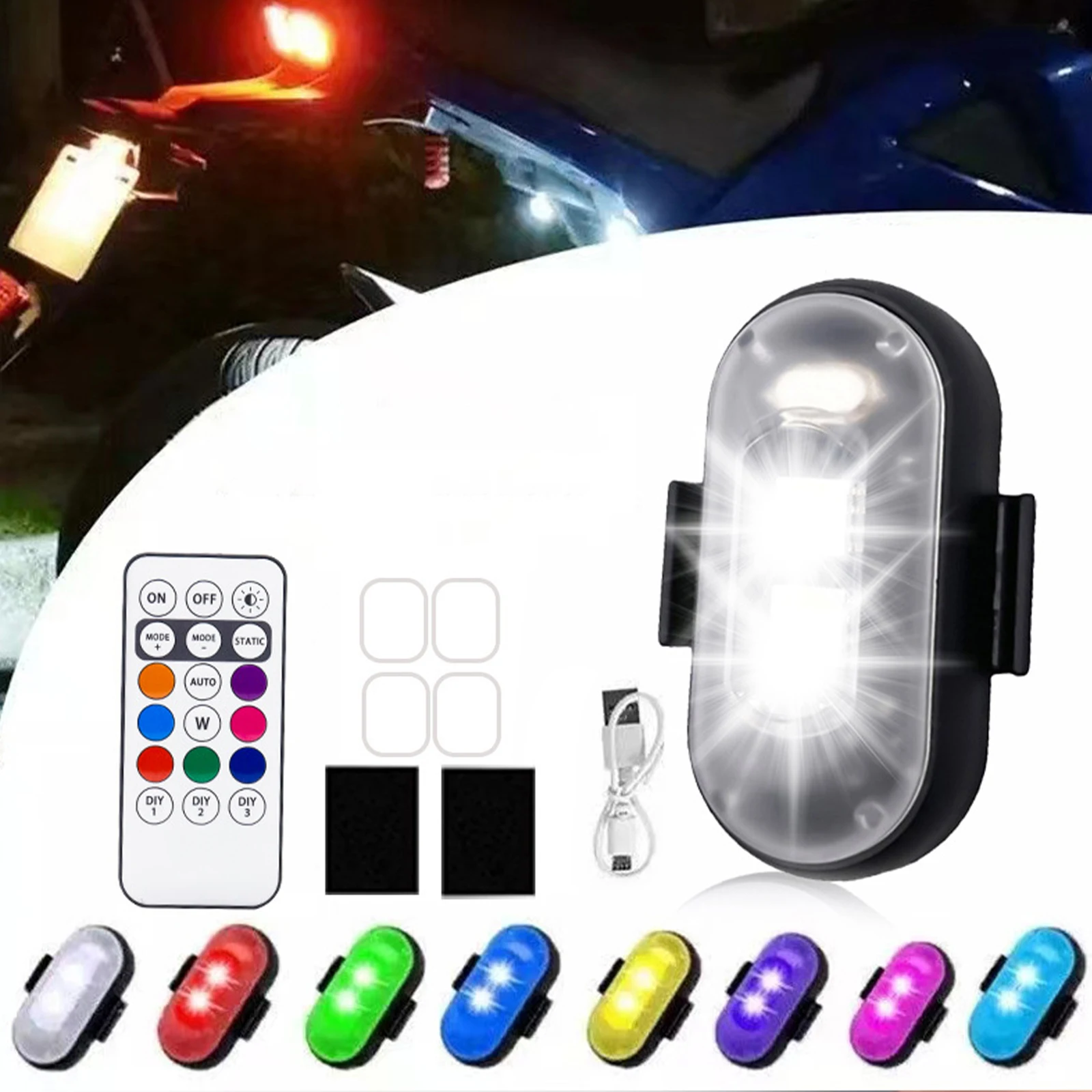2/4/6PCS Wireless LED Strobe Lights with Remote Control 7 Colors USB Rechargeable LED Lights for Cars Bikes Motorcycles Drone