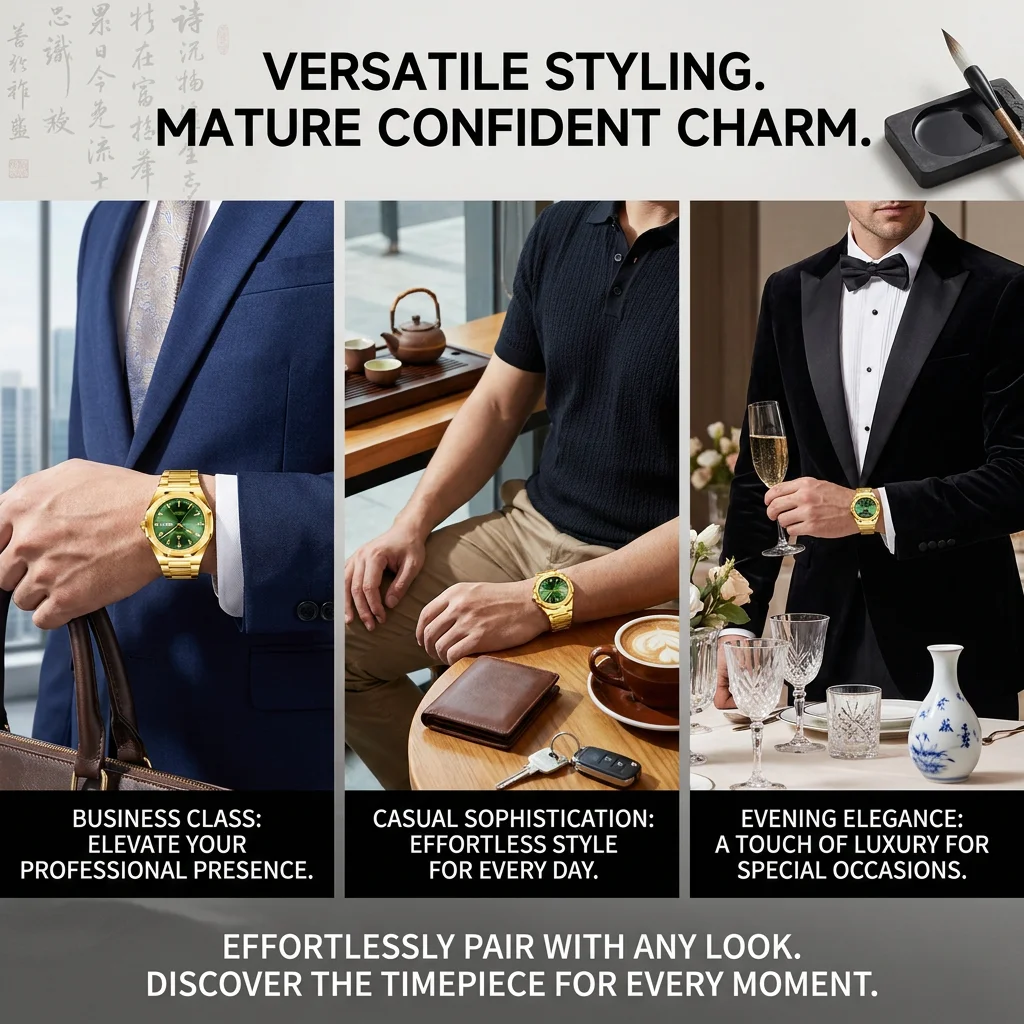 1pcs Trendy Wristwatch Green Dial Metal Band Day Date Function Stylish Casual Watch Daily Fashion Accessory For Men