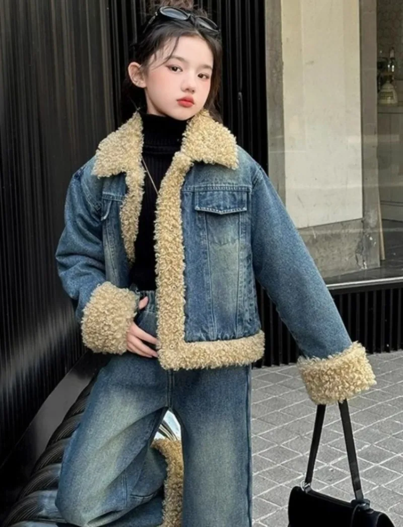 

Джинсовая куртка и брюки для девочек, комплект из 2 предметов, корейская зимняя модная одежда на флисовой подкладке для девочек, детская одежда, осень 2023 г.