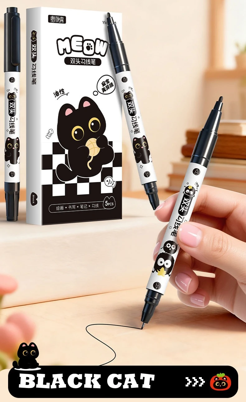5 Stück Doppelspitzen-Zeichenstift mit feiner Linie, wasserfest, schwarzes Katzen-Design zum Skizzieren, Manga-Kunststudenten-Marker – Detail 1