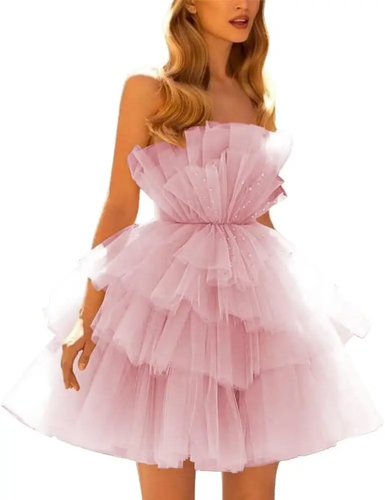 

Tulle Off Shoulder Homecoming Dresses Puffy Prom Dress Short Strapless Mesh Ruffle Formal Cocktail Party Gown Ball Gowns