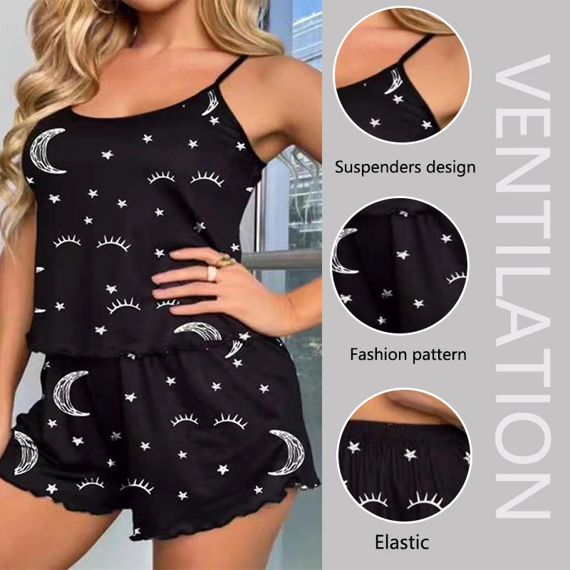 Women Heart-Shaped Moon Print Colour Collision Decoration Pajamas Set Sweet Wind Suspenders Shorts Two Sets of Black Large Size