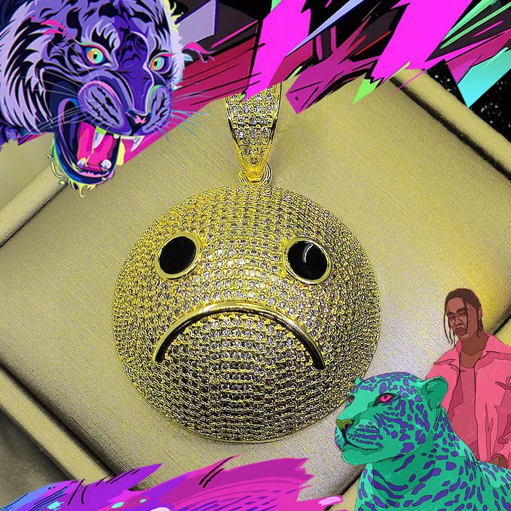

Модное ожерелье в стиле хип-хоп в сочетании с подвеской в виде улыбающегося лица с инкрустацией бриллиантами, высококачественное покрытие из 18-каратного золота, роскошное украшение.