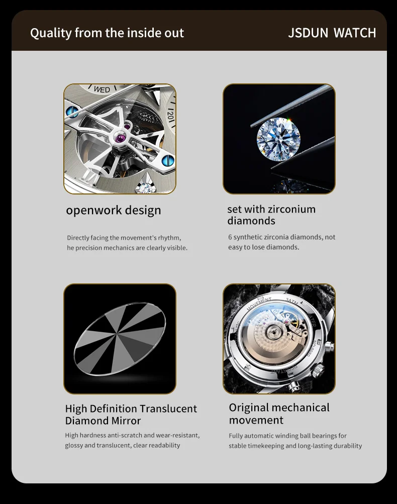 JINSHIDUN 8989 Luxus-Herrenuhr Mode Skelett-Schwungrad Automatikuhren für Herren Rhombus-Spiegel Business Mechanische Uhr für Männer – Detail 2