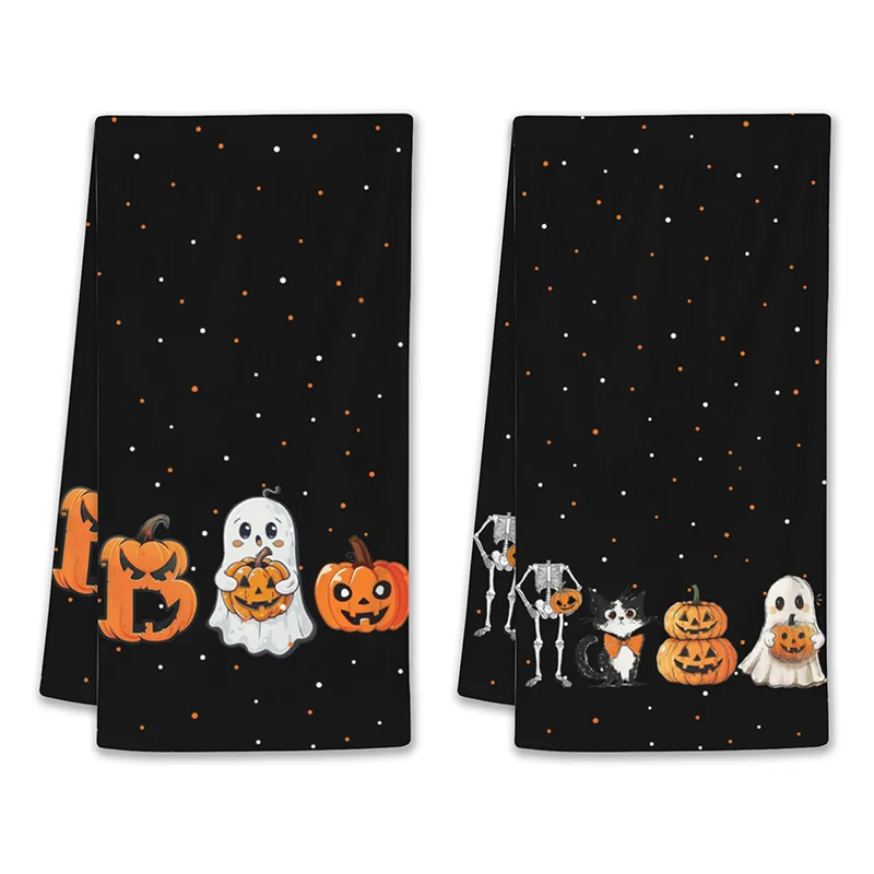 2Pcs Halloween Kitchen Towels, Washable Household Cleaning Cloths, Ghost Pumpkin Skeleton Cat Dish Towels, Halloween Decor, Hall
