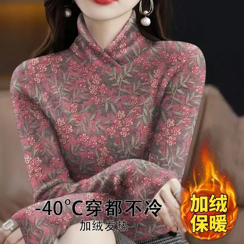 

Autumn Winter Plush Warm Pullover Middle-aged Mother Add Velvet Print Tops T-Shirt Half High Collar Bottoming Shirt For Women