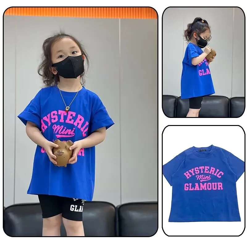 

Japanese Style T-Shirt Kids Summer T-shirt HYS Vintage Royal Blue Loose Fit Short Sleeve Top Casual Versatile Basic Tee