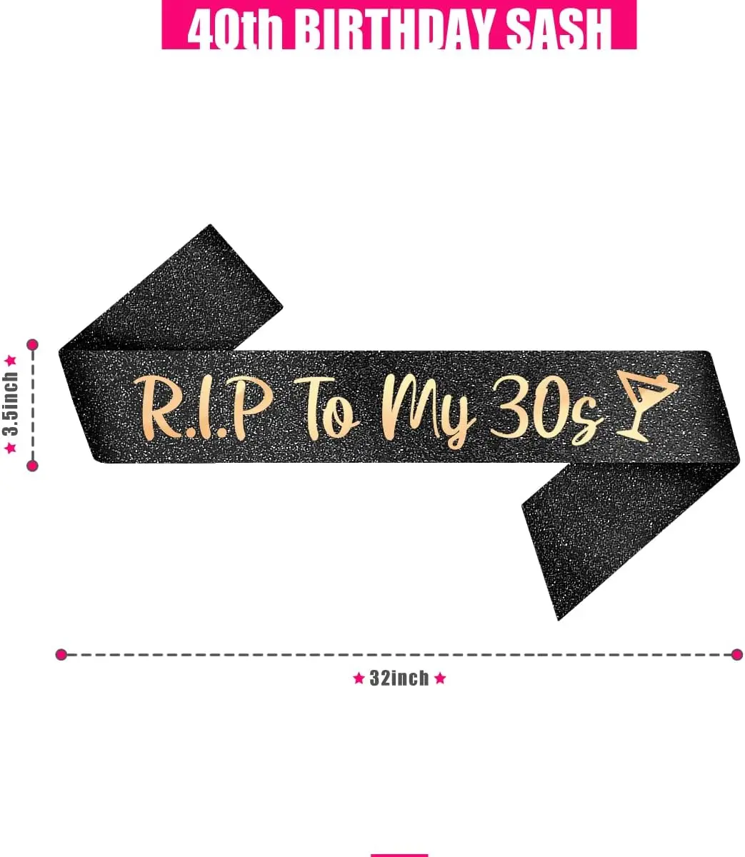 20/30/40th Birthday Sash Decorations RIP to My 20s Sash Black with Rose Gold Letters Sash