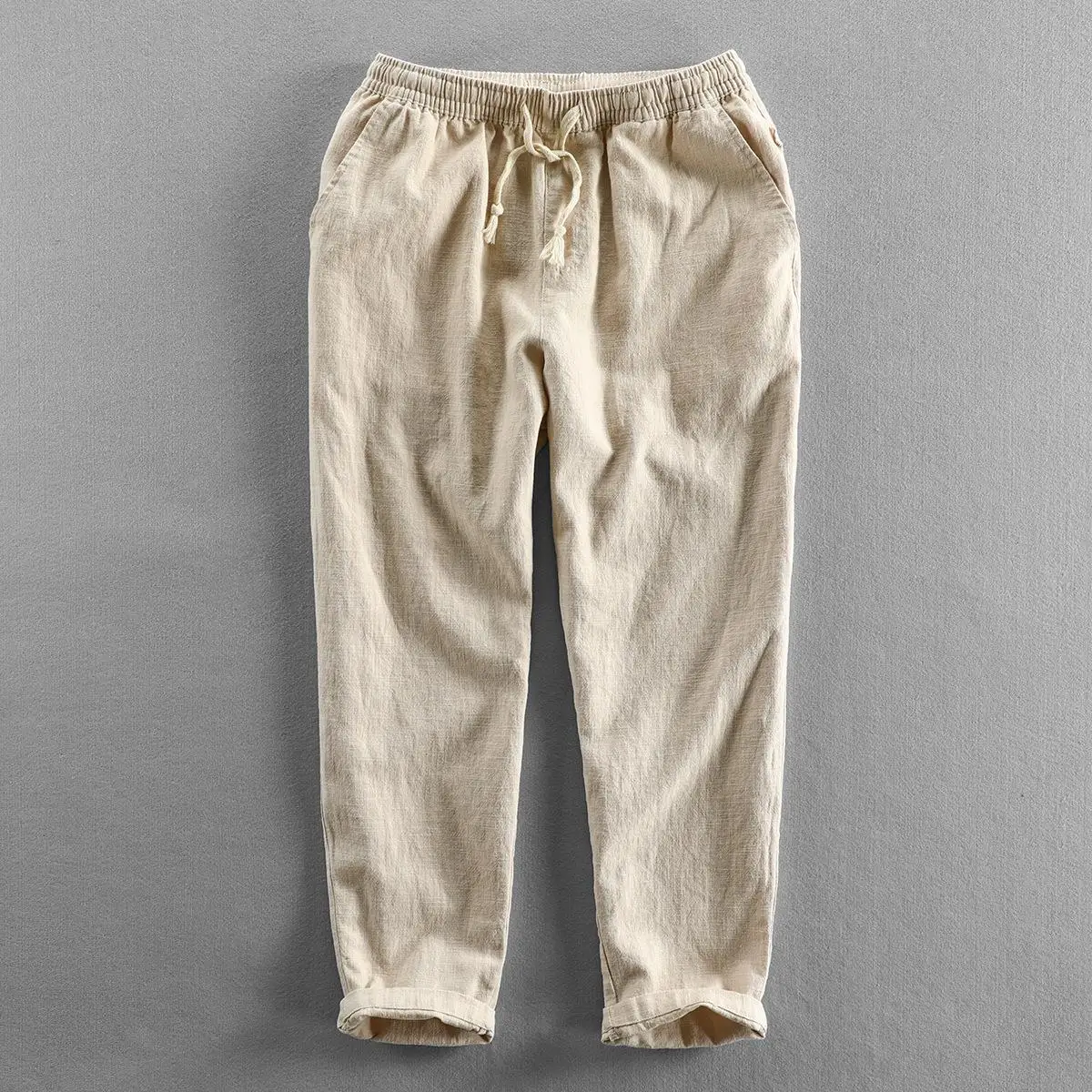 

Men's Linen Crop Pants Loose Fit Casual Trousers mid Waist Simple Sle Youth Faion Spring Collection 00% Flax Material