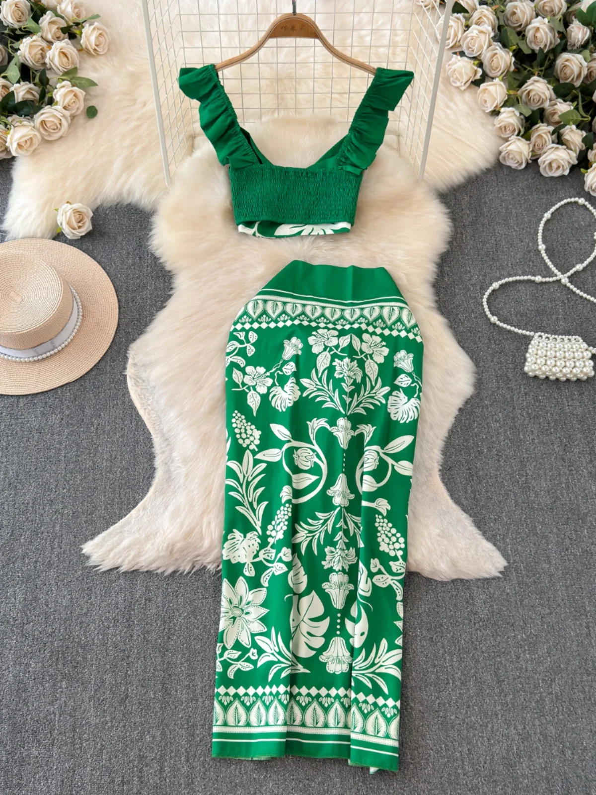 Conjunto de Biquíni Verde Sexy com Alças, Saia Assimétrica de Cintura Alta, Roupa de Férias Fena, Conjunto de Duas Peças ...