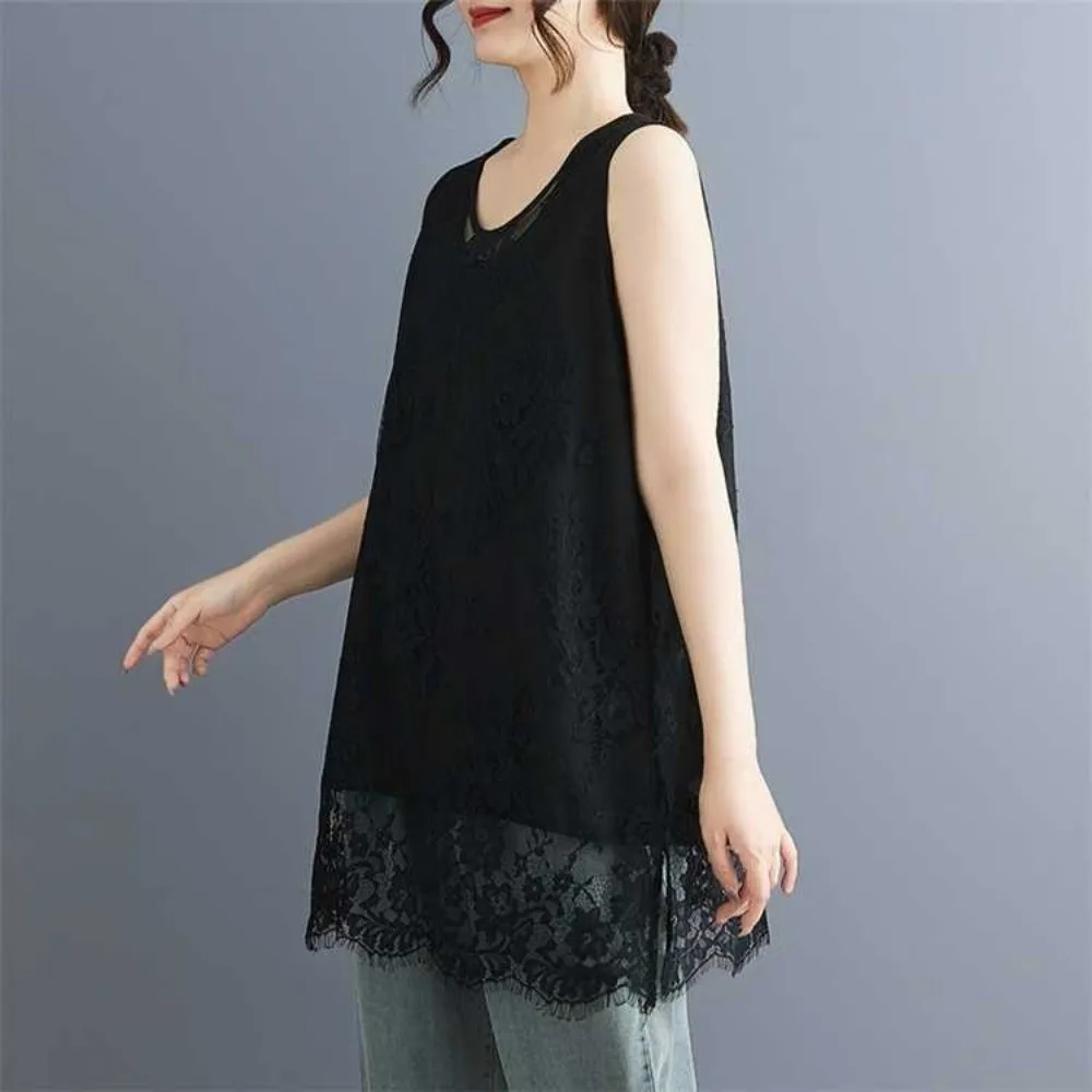 New Lace Trim Vest Solid Tone Slimming Effect Loose Fit Blouse Mid Length Wide Size Plus Size Outfit Cafe Meet Gather