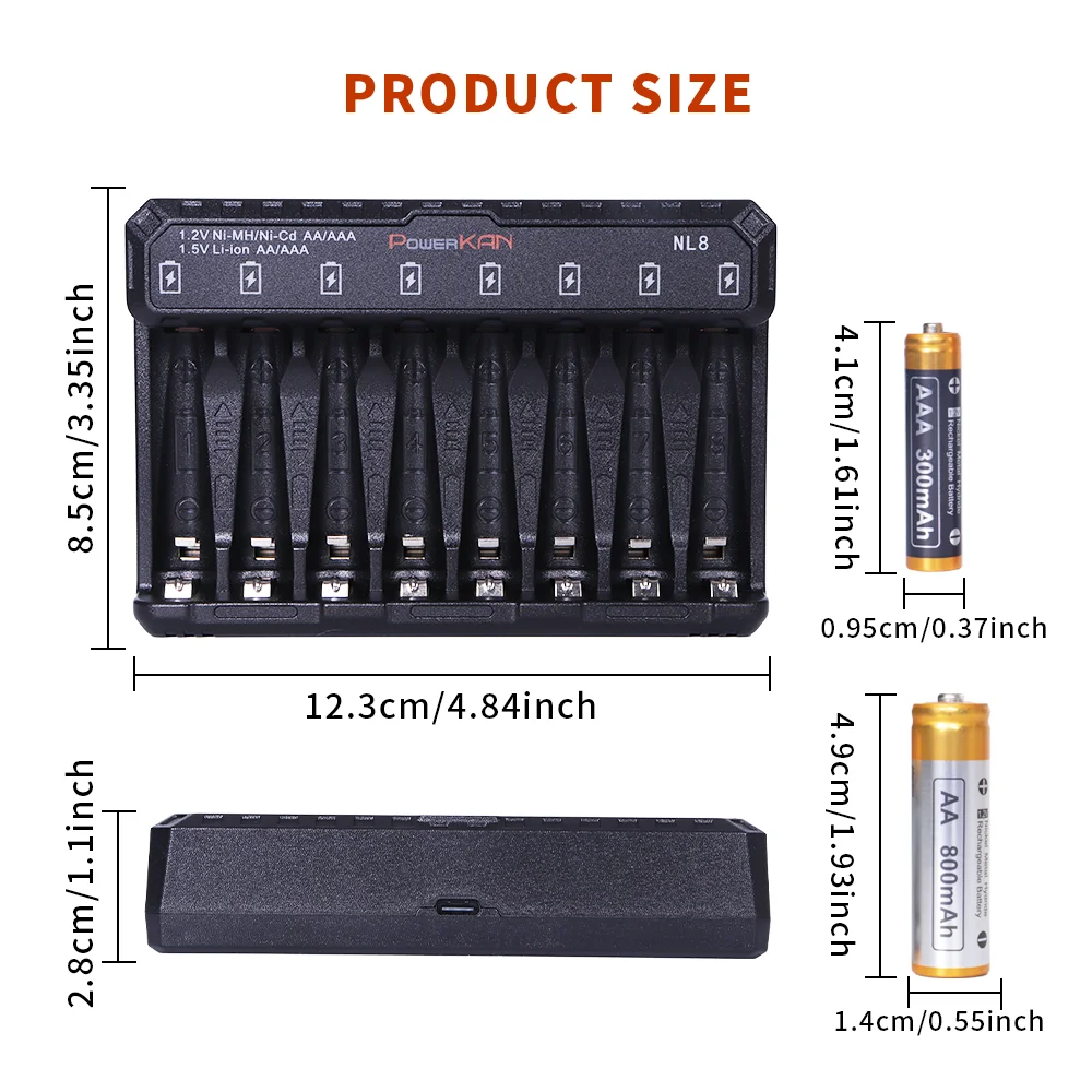 Powerkan NL8 Charger Combo Set for Family Use Lager Capacity 8 Slot Including 8pcs Rechargeable NIMH Battery AA and AAA