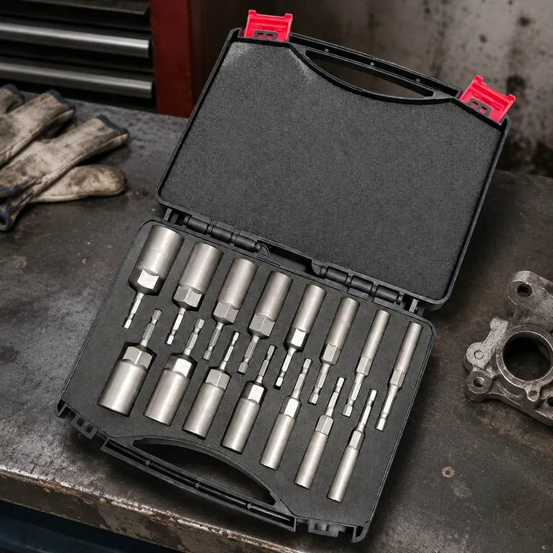 15PCS Deep Socket Adapter Kit, 5.5-19mm Nut Drivers for Power Drill, 80mm Long with 6.35mm Hex Quick-Release Shank