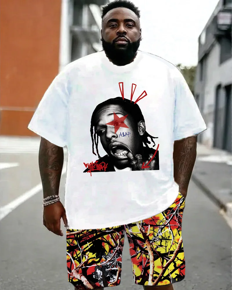 

S-9XL Men's Large Size Hip-Hop - Graffiti Short-sleeved T-shirt Shorts Two-piece Set