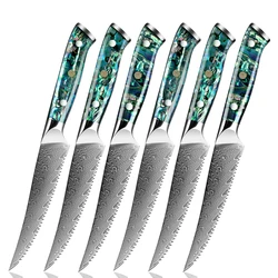 Higher Quality Damascus Steel Serrated Steak Knife 1-6PCS Steak Knife Sharp Blade Kitchen Bread Fruit Knife Abalone Shell Handle