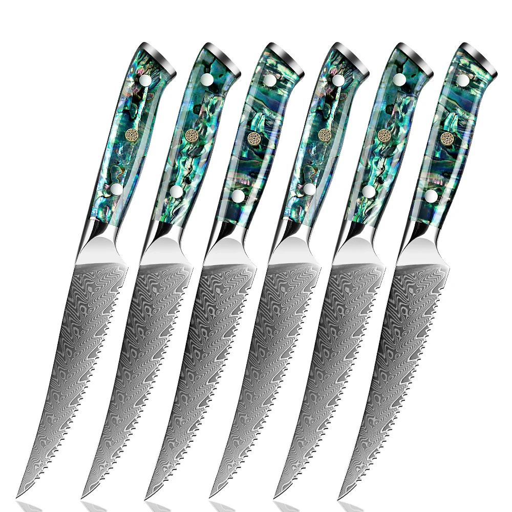 Higher Quality Damascus Steel Serrated Steak Knife 1-6PCS Steak Knife Sharp Blade Kitchen Bread Fruit Knife Abalone Shell Handle