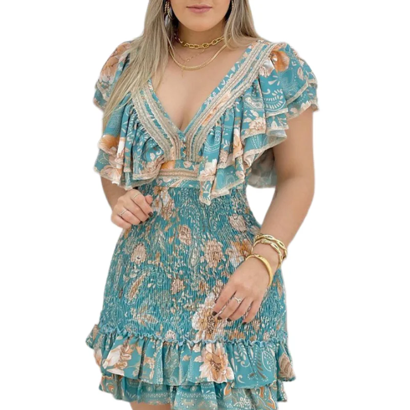 

Womens Dresses 2024 Summer Fashion Floral Print V-Neck Ruffled Hem Casual Short Sleeved Shirred Daily Mini Waist Up Dress