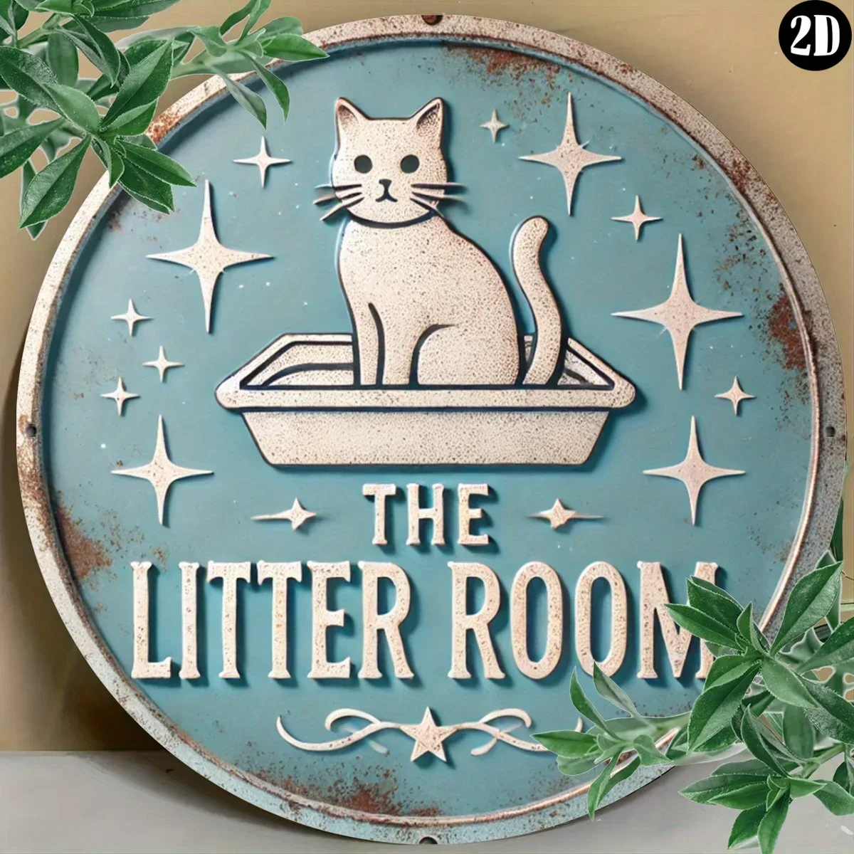 CIFBUY Cute Cat Litter Room Metal Sign Aluminum Vintage Blue Round Wall Art Decor Laundry Bathroom Cat Lover Hanging Plaque