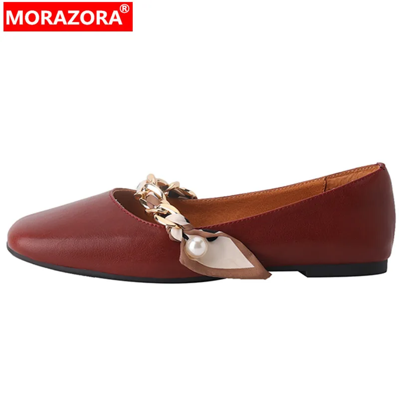 

MORAZORA 2022 New Sheepskin Riband Shoes Woman String Bead Shallow Square Low Heels Dress Shoes Ladies Popular Pumps