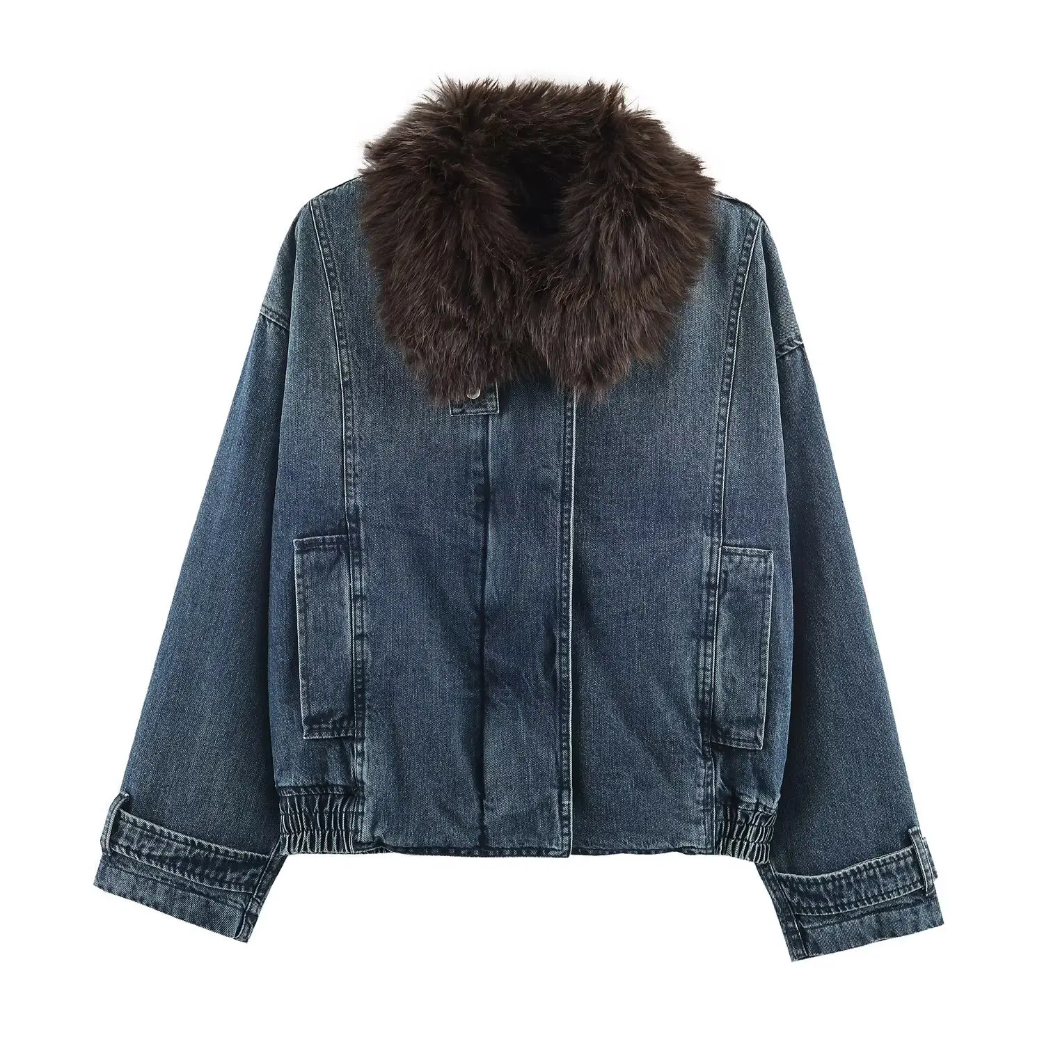 

Women's Fashion Casual Washed Denim Cotton Coat with Fur Collar Thick Jacket K9RF