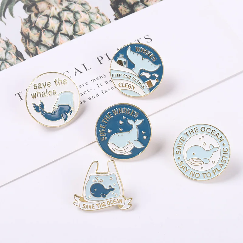 Save the Ocean Enamel Pins Stop Plastic! Brooch Humpback Whale Tail On the Sea Lapel Pin Badges Whale Jewelry