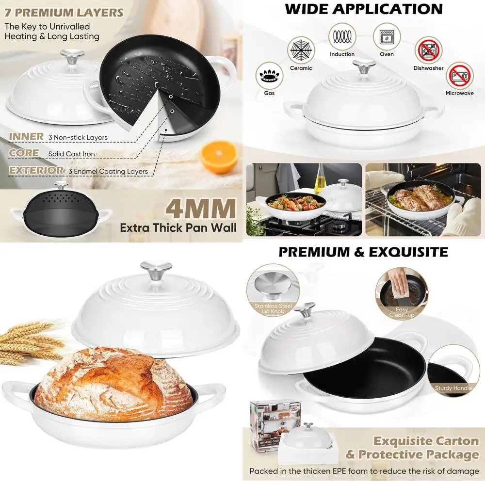 

Enameled Cast Iron Dutch Oven, 5.5 QT, Heavy-Duty Handles, Non-Stick, Oven-Safe up to 500°F for Sourdough Baking, White