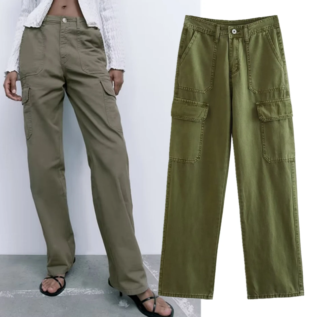 

Dave&Di Ladies Pockets Cargo Fashion Pants Vintage Loose Casual Trousers Women