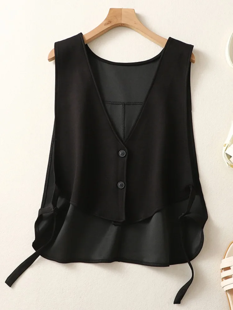 

Black Thin Women's Summer Outerwear Vest Top Layering Loose Fit Button up V-Neck Pure Color Versatile Style Regular Length