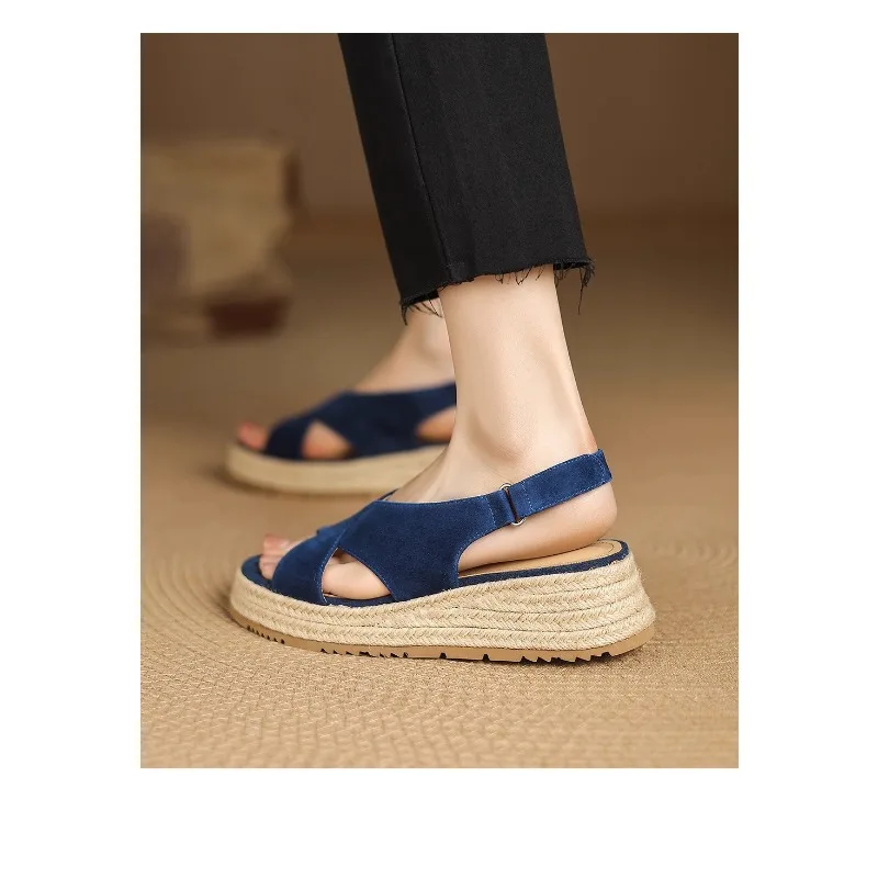 Cross Strap Roman Sandals Women's Summer Wear Heightened Platform Platform Shoes Frosted Straw Fisherman's Shoes - view 2