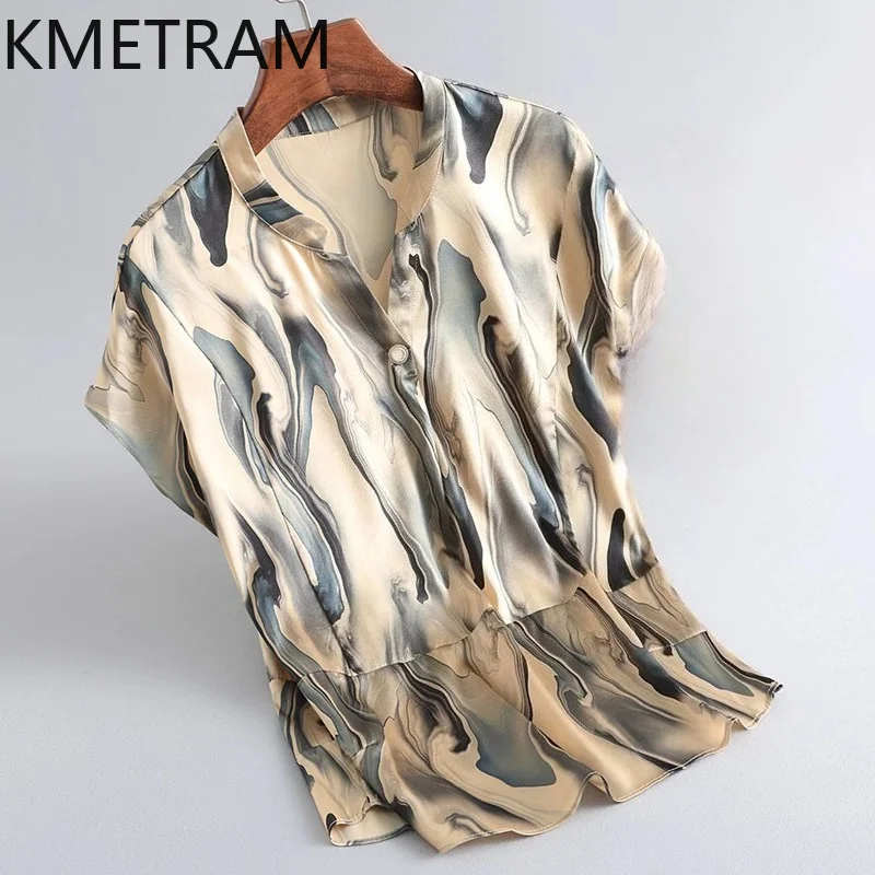 KMETRAM 89.9% Real Mulberry Silk Woman Tops 2026 Summer V-neck Fitted Printed Short-sleeved T-shirt Female Clothing Ropa Mujer