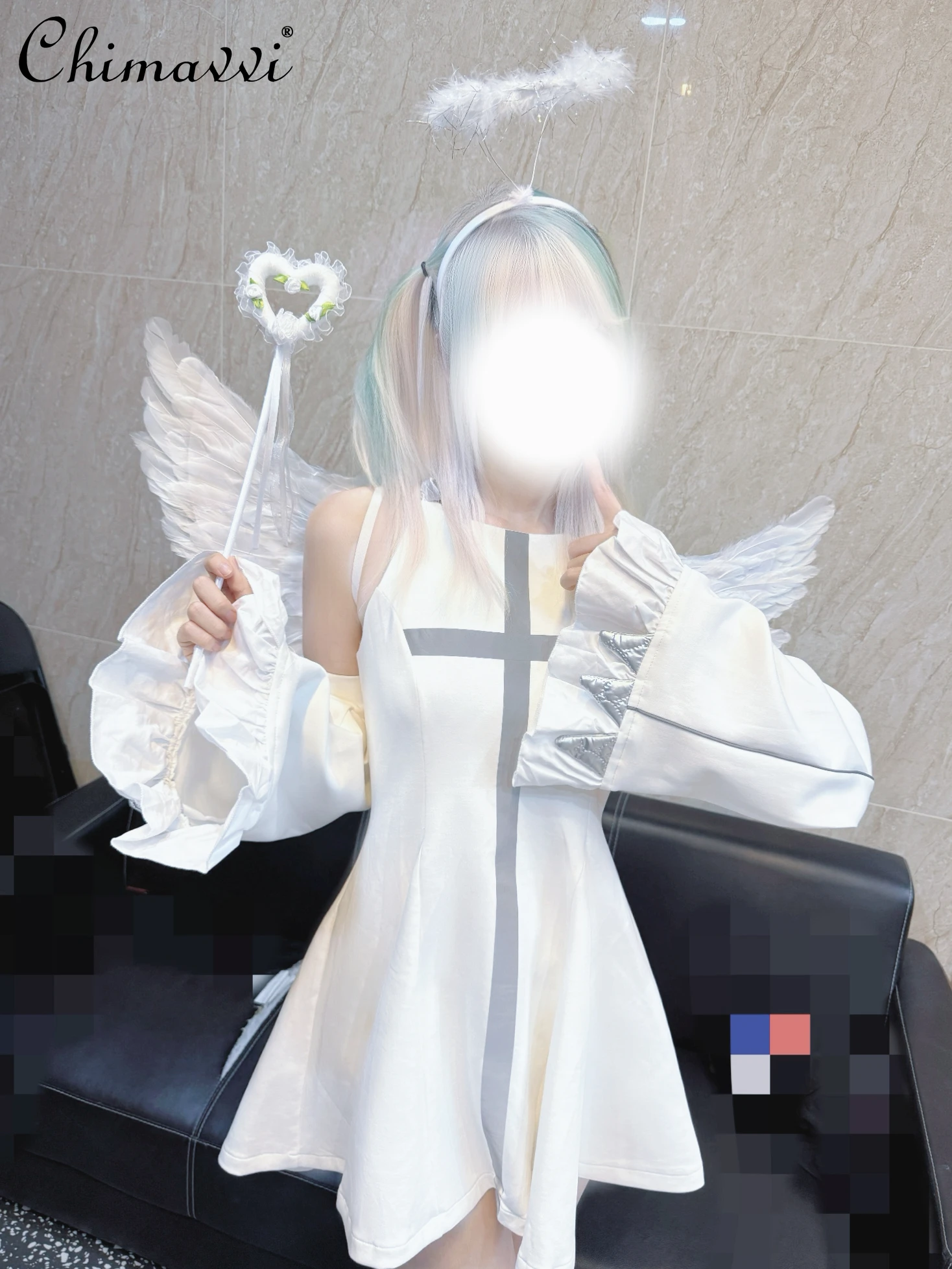 Japanese New 3D Waist Reflective Cross Sleeveless Hooded Dress Mechanical Style Sweet Cool Girl Short Black and White Dress