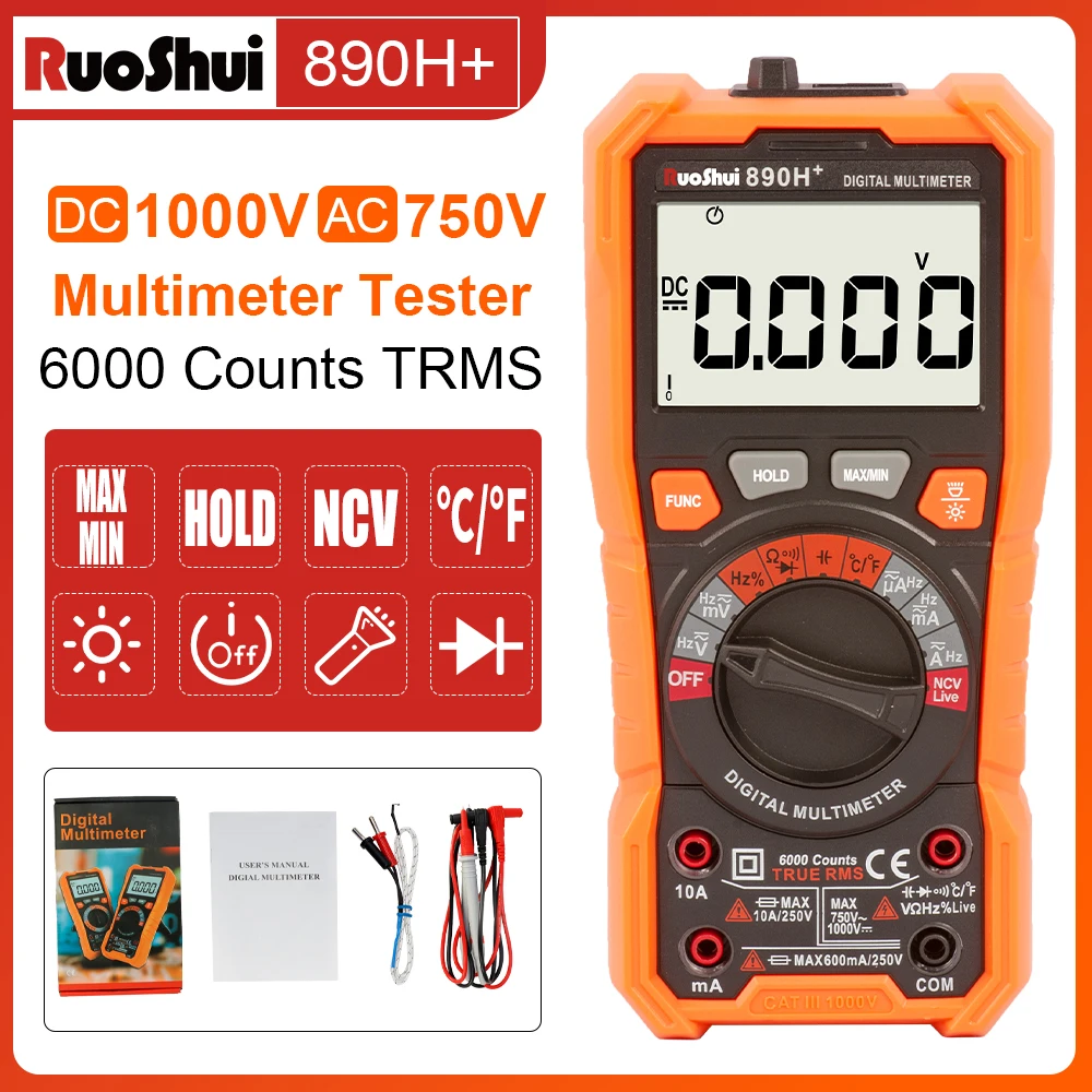 RuoSh Digital Multimeter Tester 6000 Counts 1000V DC AC Voltmeter and Ohm Volt Amp Auto Ranging Meter NCV Meter Tool 890H+