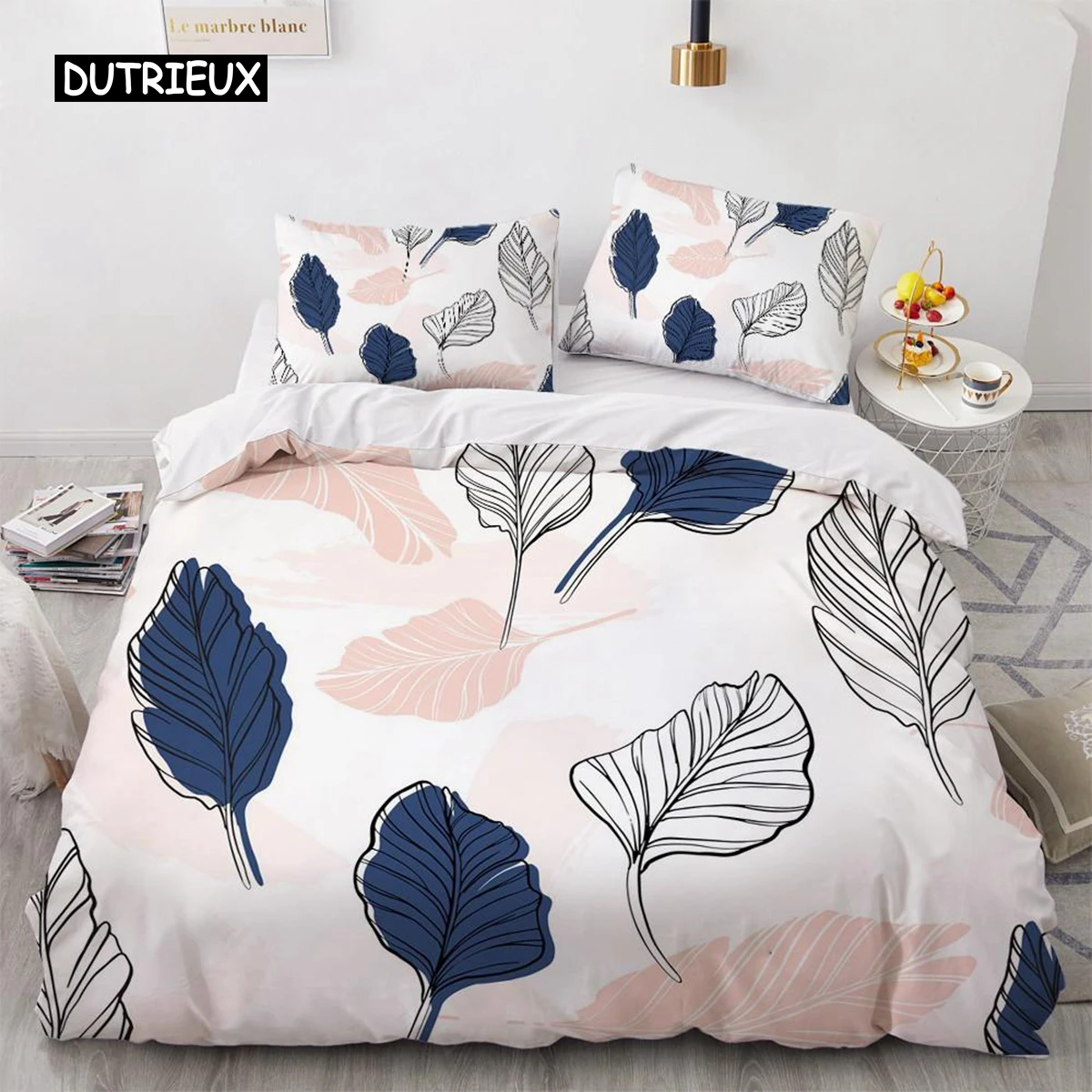 Plant Duvet Cover Set King Size Navy Blue Pink Leaf Plant Printed Chic Bedding Set Soft for All Seasons Polyester Quilt Cover