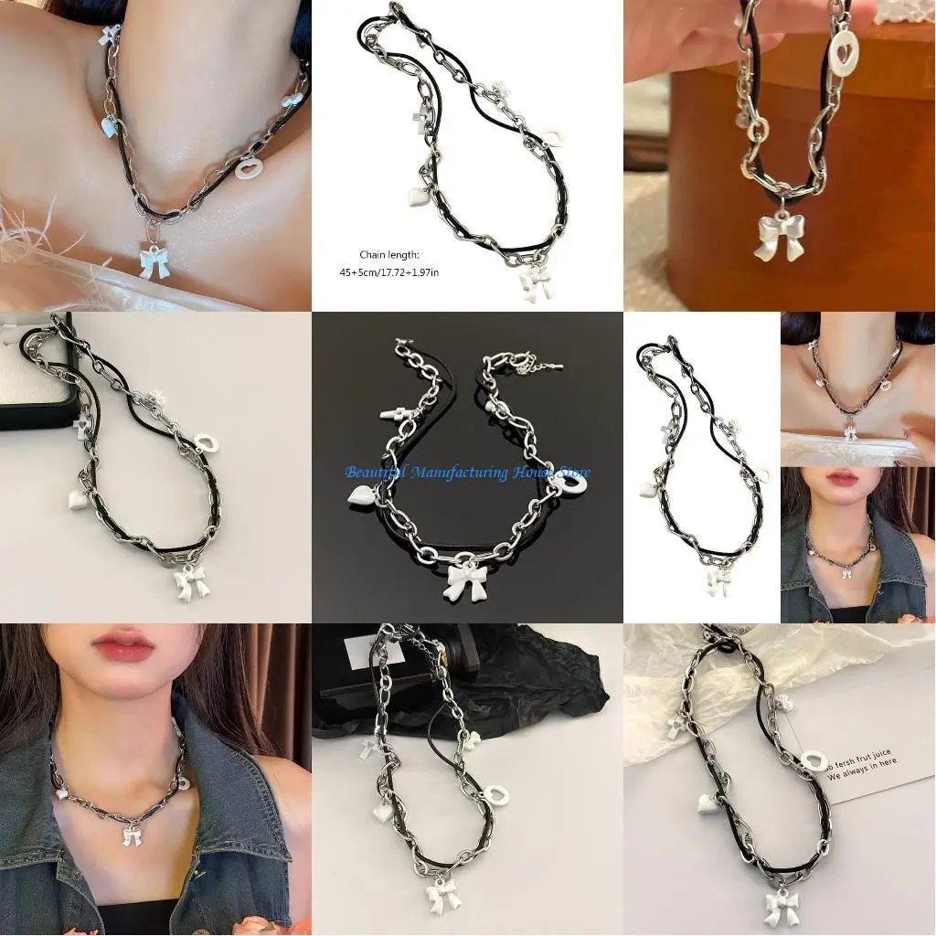 E56A Sweet Cool Punk Heart Clavicle Chain Necklace Double Layer Bowknot Choker Y2K