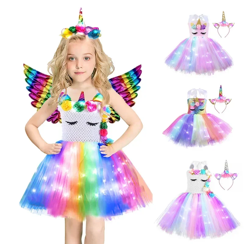 girls shiny unicorn tutu dress glowing kids dresses for Hallowmas Party Princess children clothing vestidos