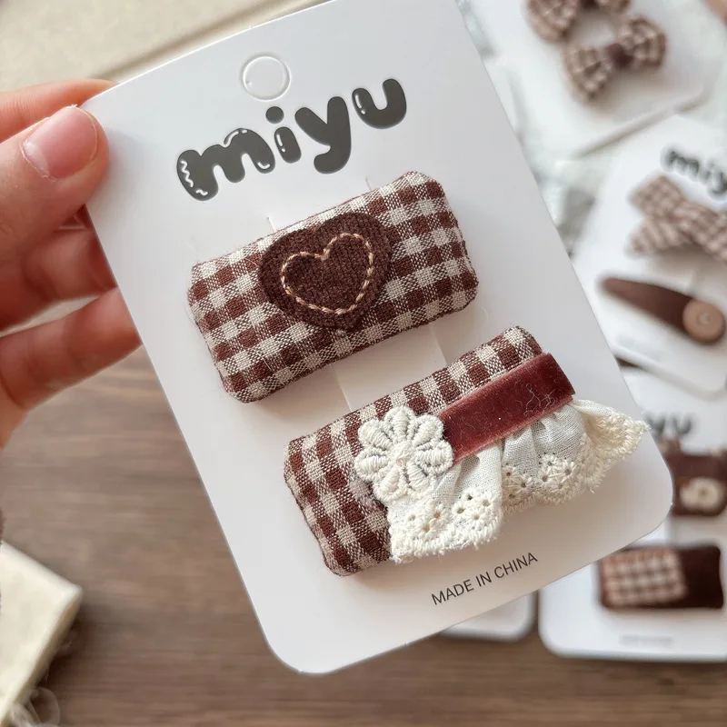 Hair Clips Kids Small Brown Fabric Plaid Bow Heart Side BB Clip Girls Versatile Bangs Headwear Accessories Lightweight Daily