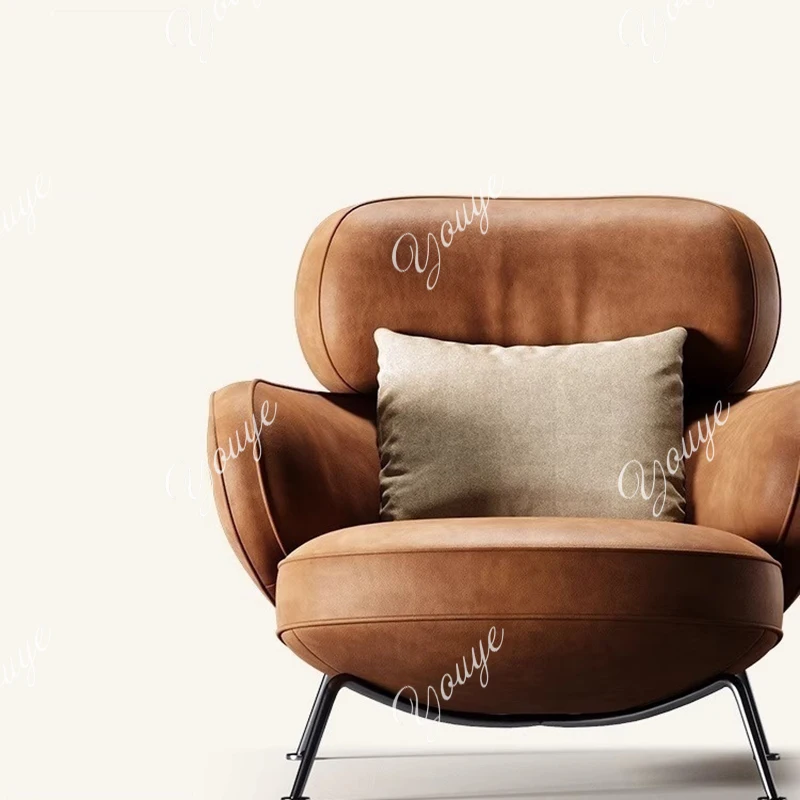 

Leather Simple Living Room Chairs Brown Italian Hotel Salon Lounge Chairs Armchair Puffs Designer Fauteuils De Salon Furniture