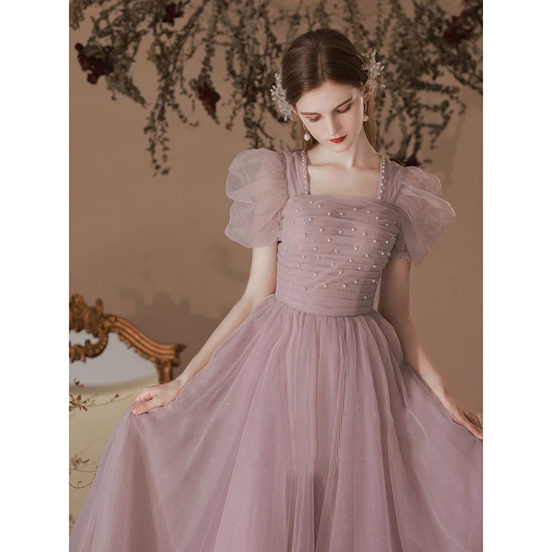 Pink Bridesmaid Dresses Elegant Dress Women For Wedding Party Puff Sleeve Pearls Beading Party Gowns Female Formal Dress