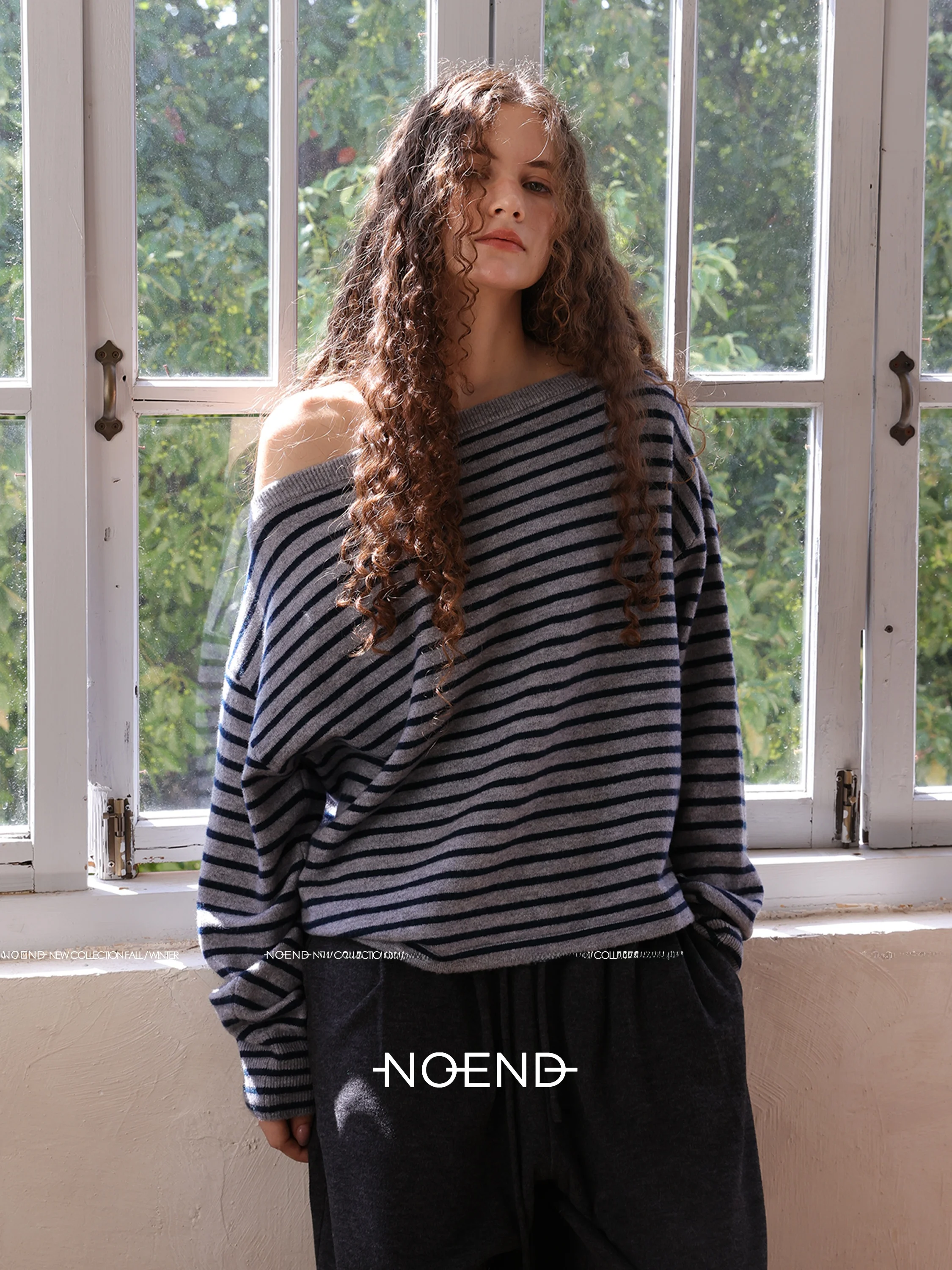 

NOEND25 Классический полосатый свободный вязаный свитер на одно плечо, теплый осенний, из смесового полиэстера, с длинными рукавами, круглым вырезом