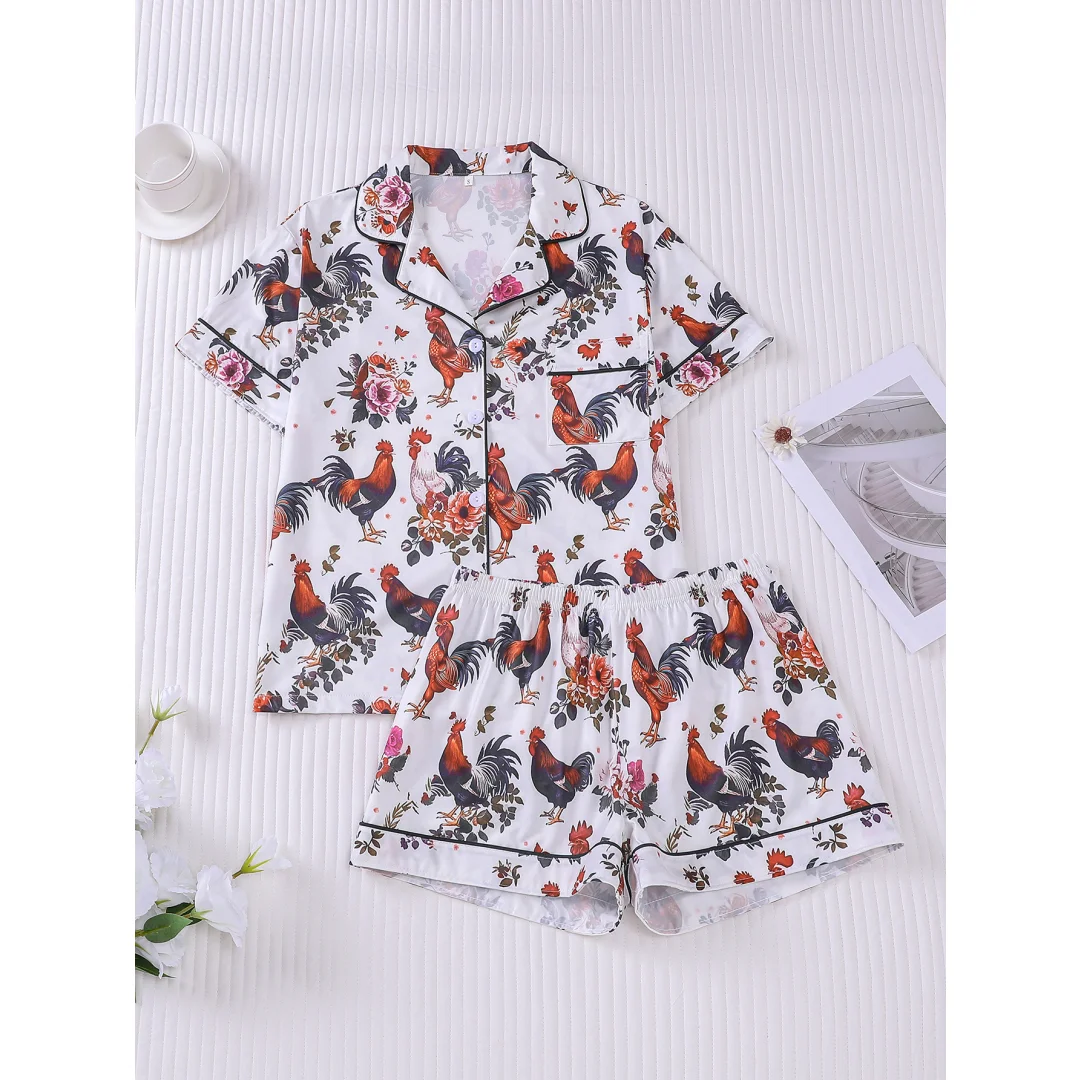 

Cute Rooster Print Pajamas for Women Funny Animals Home Wear Set Lapel Short-sleeved Shirts Short Pants Valentine's Day Gifts