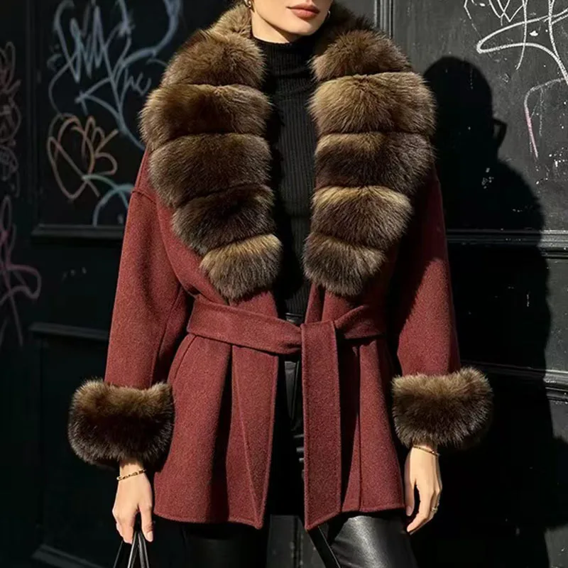 Women's Wool Coat, Reversible Tweed Coat with Natural Fox Fur Collar and Drawstring Waist, High-Quality Trench Coat, 2026, New